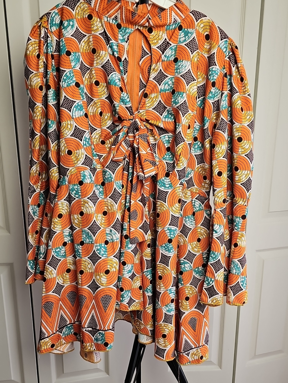 Vibrant Orange Geometric Tie-Front Blouse